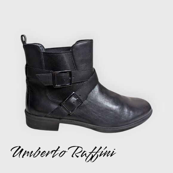 Umberto Raffini Black Leather Buckle Moto Style Short Boots - Picture 1 of 11